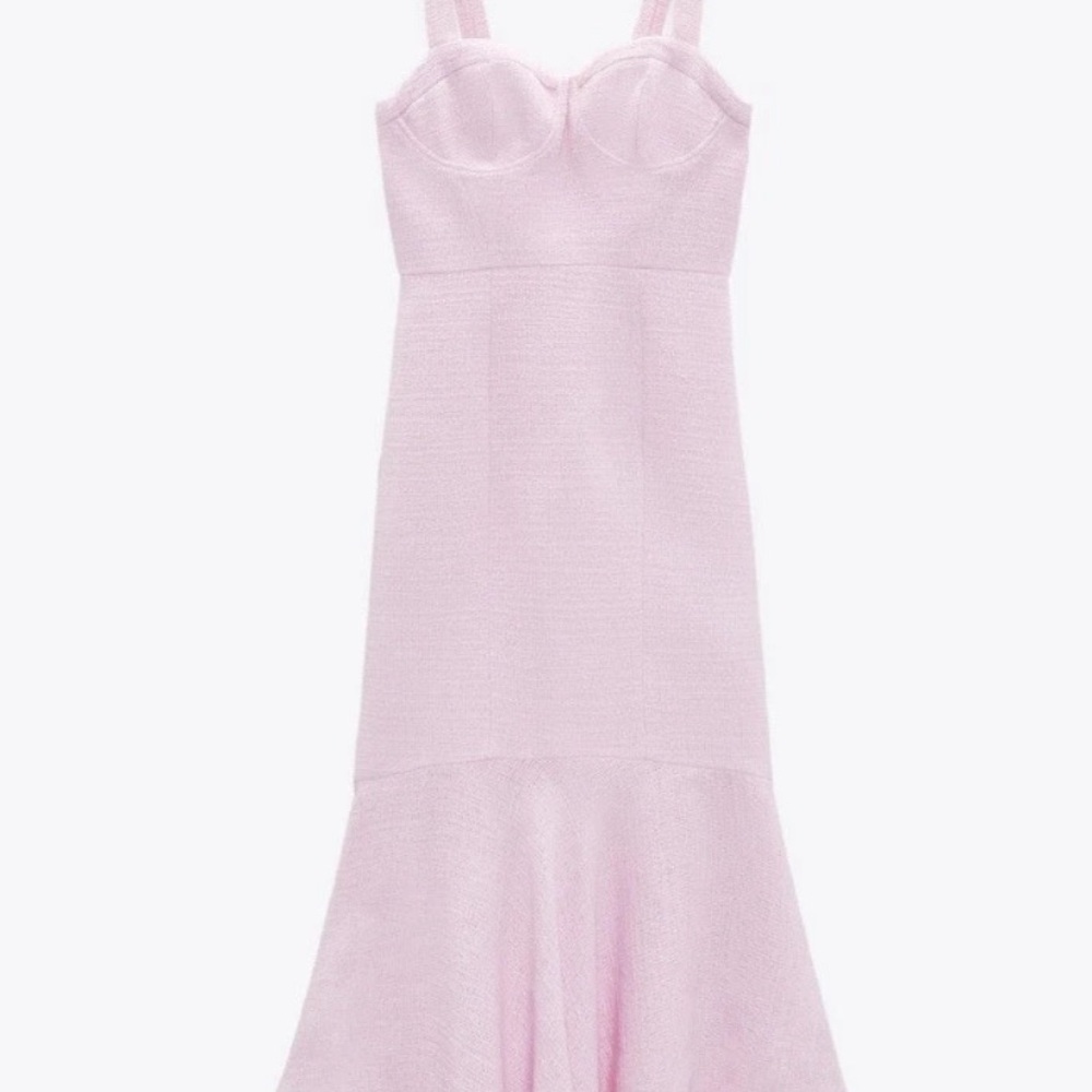 Zara Light Pink Tweed Bustier Midi Dress
